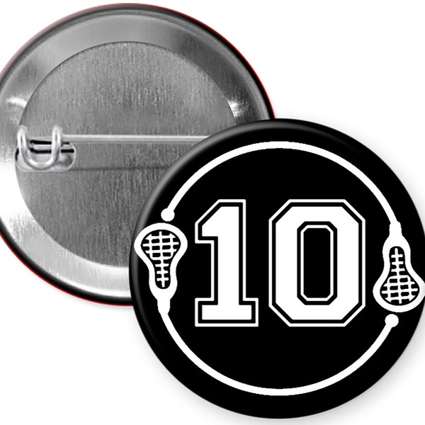 Personalized Custom Lacrosse Stick and Uniform Number Back Button Pin 1.25 inch or Lacrosse Refrigerator 1.25 inch Magnet