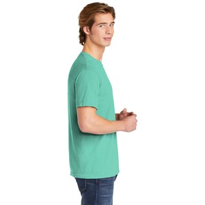 May include: A teal blue short-sleeved t-shirt with a crew neck.
