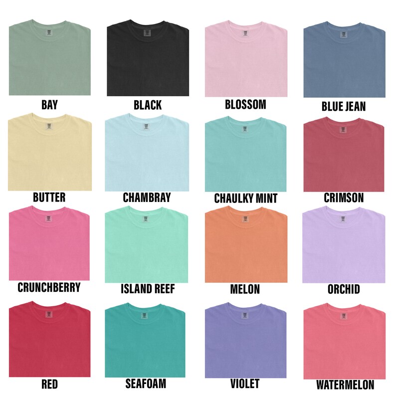 May include: A collection of 16 t-shirts in various colors, including bay, black, blossom, blue jean, butter, Chambray, chalky mint, crimson, crunchberry, island reef, melon, orchid, red, seafoam, violet, and watermelon.