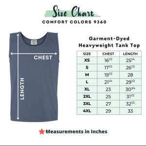 K&ouml;nnte beinhalten: Gr&ouml;&szlig;entabelle f&uuml;r ein garment-gef&auml;rbtes, schweres Tanktop in Comfort Colors 9360. Die Tabelle zeigt die Gr&ouml;&szlig;en XS bis 4XL mit den entsprechenden Brust- und L&auml;ngenma&szlig;en in Zoll.