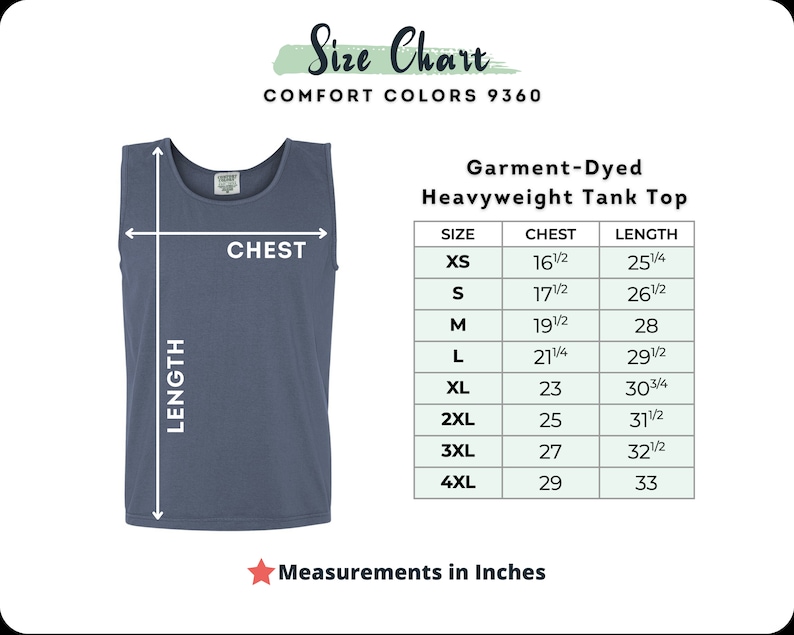 K&ouml;nnte beinhalten: Gr&ouml;&szlig;entabelle f&uuml;r ein garment-gef&auml;rbtes, schweres Tanktop in Comfort Colors 9360. Die Tabelle zeigt die Gr&ouml;&szlig;en XS bis 4XL mit den entsprechenden Brust- und L&auml;ngenma&szlig;en in Zoll.