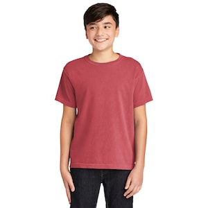 May include: A red short-sleeved t-shirt for kids. The t-shirt is made of a soft, comfortable cotton blend.