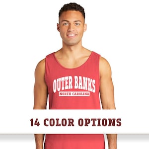 May include: A red tank top with the text "OUTER BANKS NORTH CAROLINA" in white lettering.