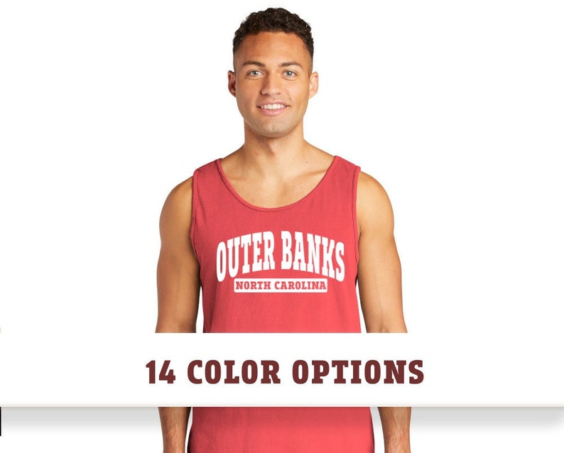 May include: A red tank top with the text "OUTER BANKS NORTH CAROLINA" in white lettering.