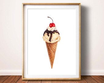 Ice Cream Print, Ice Cream Cone Art Print, Watercolor Ice Cream Cone, Summer Print, Summer Wall Art, Ice Cream Printable, Summer Decor Print