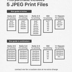 May include: Print file size guide with dimensions in inches and centimeters. Includes ratios 4:5, 3:4, 2:3, ISO, and 1:1 square formats. The text on the image says "This purchase includes 5 JPEG Print Files."