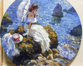Origineel olieverfschilderij, cadeau voor haar, meisje in de buurt van de zee, Oekraïense kunst, landschap, Europese beeldende kunst, uniek