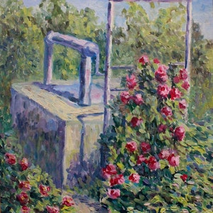 Original Oil Painting, Gift for Her, In the rose garden, Ukrainian Art, landscape, European Fine Art