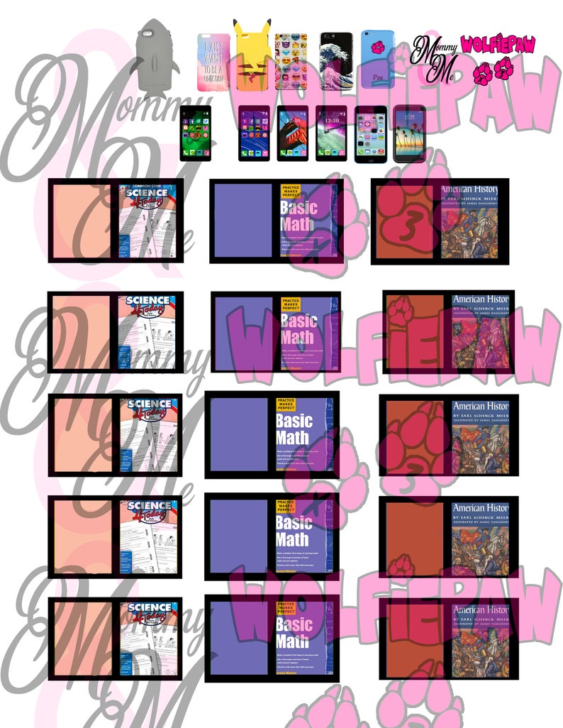 Printable LPS Front and Back Cell Phone and School Books Digital File