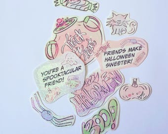 Pastel Halloween Sticker Pack, 9 Holographic Ghost, Pumpkin and Friendship Stickers