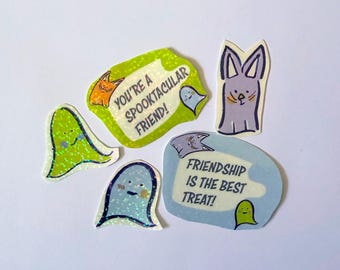 Halloween Friendship Sticker Pack, 7 Holographic Ghost and Cat Stickers