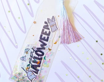 Handmade Halloween Shaker Bookmark, Pastel Ghosts, Holographic Confetti, Blue Lavender Tassel