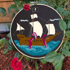 Kraken ship digital cross-stitch pattern