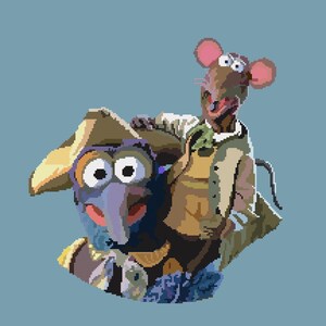 May include: A blue and purple puppet with a large beak and a brown hat is holding a brown and tan mouse puppet with large ears. The mouse puppet is wearing a brown coat and a white shirt.