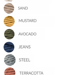 May include: A collection of seven spools of cotton rope in different colors: natural, sand, mustard, avocado, jeans, steel, and terracotta.