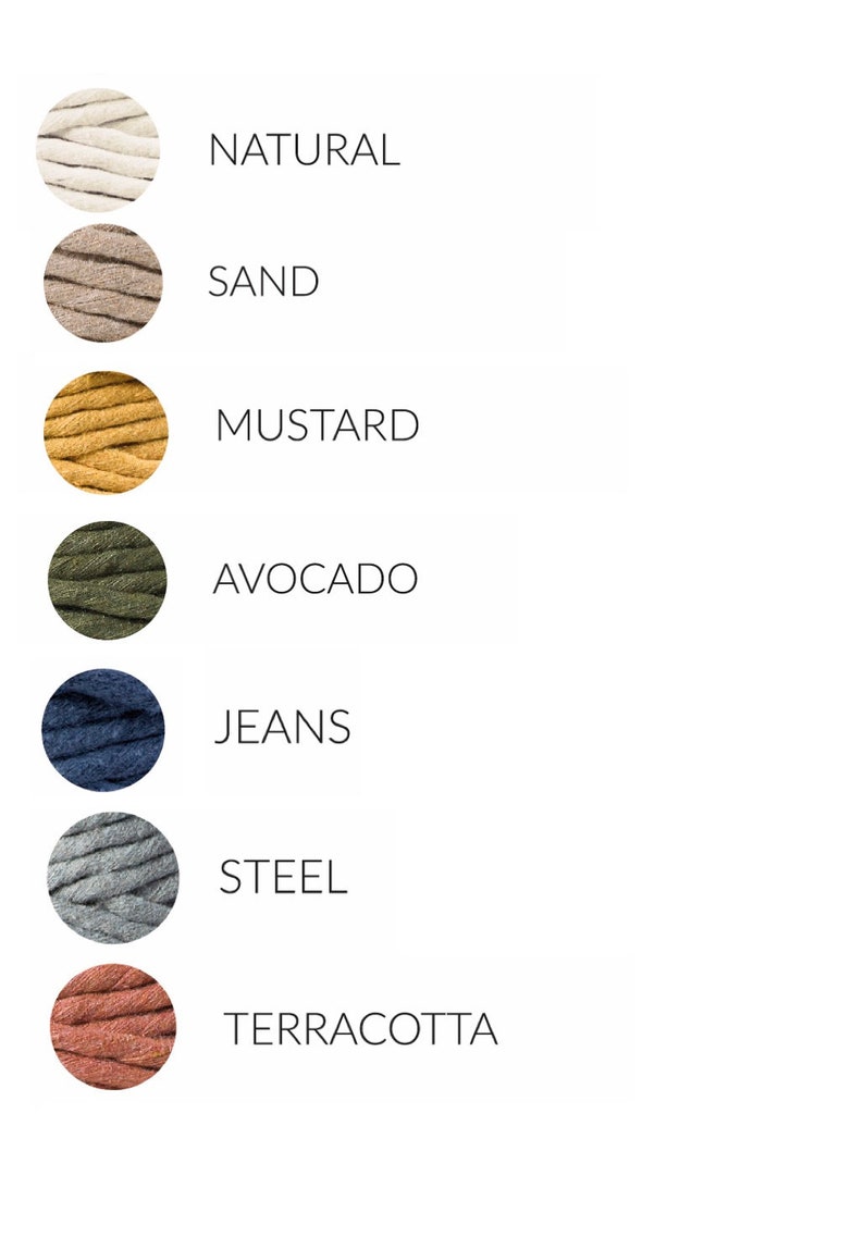 May include: A collection of seven spools of cotton rope in different colors: natural, sand, mustard, avocado, jeans, steel, and terracotta.
