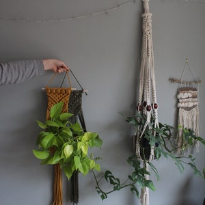 May include: Two macrame plant hangers with wooden dowels, one in mustard yellow and green, the other in white with brown beads. Both are hanging on a gray wall with string lights. A green plant is hanging from each.