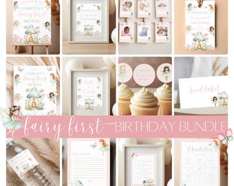 Fairy First Birthday Bundle | First Birthday Bundle for Girl | Fairy Birthday Theme | Boho 1st Birthday Party Package