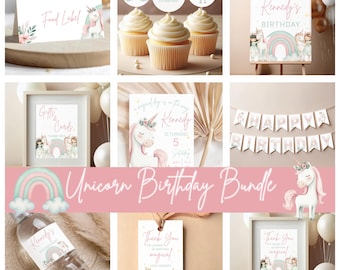 May include: A collection of unicorn-themed birthday party supplies. Includes invitations, cupcake toppers, a welcome sign, a banner, and water bottle labels. The color scheme is pastel pink, mint green, and white, with unicorn and rainbow illustrations.