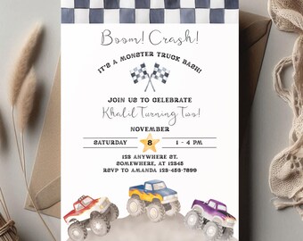 Monstertruck-Geburtstags-Einladungs-Vorlage | Bearbeitbar Canva Invite | Monster Jam Mottoparty zum ausdrucken