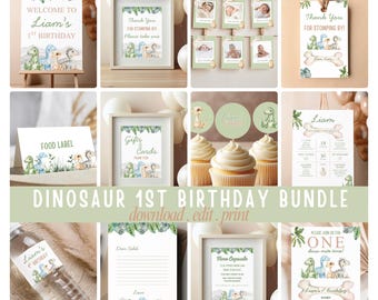 Pacchetto di modelli per la festa del primo compleanno a tema dinosauri / Invito modificabile su Canva, cartello di benvenuto, cartello di ringraziamento, striscione, etichette, decorazioni / A106