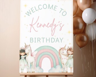 Einhorn Geburtstagsfeier Willkommensschild Einhorn Erster Geburtstag Dekor Bearbeitbares Canva Regenbogen Thema Druckbare Vorlage A108
