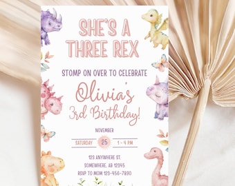 Three Rex Dinosaur Birthday Invitation | Editable Canva Template Dino Party Invite | Pink