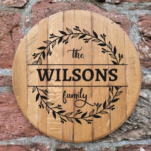 Personalized Whiskey Barrel Head Family Name Sign: Farmhouse Wall Decor