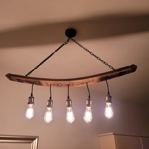 Rustic Whisky Barrel Chandelier | Reclaimed Wood Ceiling Light | Farmhouse Pendant Light | Industrial Kitchen Lighting | Scottish Handmade