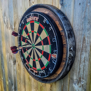 Bourbon Barrel Bar Dart Board - Rustic Whisky Barrel Head, Modern Farmhouse Decor, New Home Bar Gift, Unique Dartboard