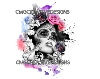 Day of the dead watercolor flower woman for sublimation and waterslides. Instant digital file