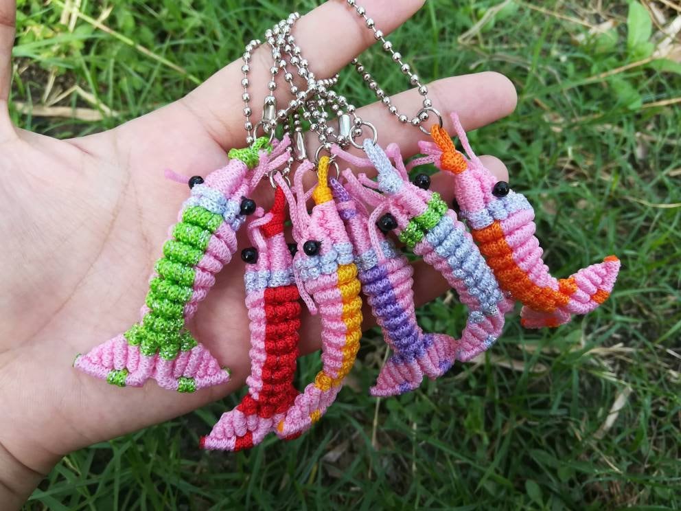Macrame Animal Doll Shrimp Keychai Nylon Sea Knotted Keyring Bag