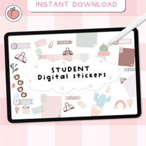 Puede incluir: Una pantalla de tableta digital que muestra un conjunto de pegatinas digitales con temática estudiantil. Las pegatinas incluyen un cactus, un arcoíris, una huella de pata, una planta, un clip, un clip de carpeta, una nota y la palabra "Exam". El texto "STUDENT Digital Stickers" está en una nube blanca con estrellas rosas.