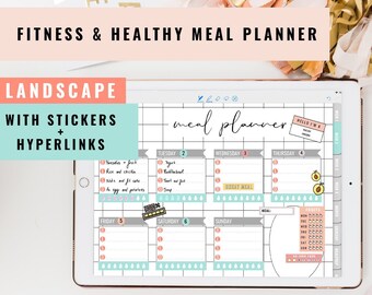 Digital healthy meal planner (landscape): weekly meal planner, monthly view, grocery list, meal prep.  Goodnotes, notability... Ipad planner