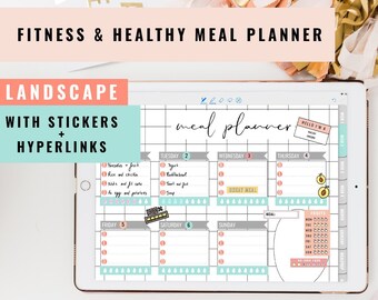Digital healthy meal planner (landscape): weekly meal planner, monthly view, grocery list, meal prep. Goodnotes, notability... Ipad planner