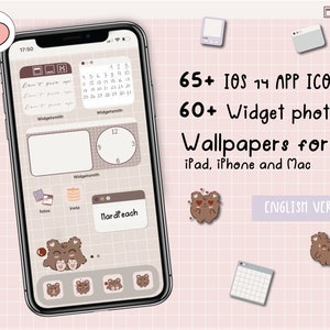 May include: A digital illustration of a phone screen with a peach background. The screen displays a calendar, clock, and other widgets. The phone screen is surrounded by a grid pattern. The text "65+ IOS 14 APP ICONS", "60+ Widget photos", "Wallpapers for iPad, iPhone and Mac", and "ENGLISH VERSION" is displayed on the image.