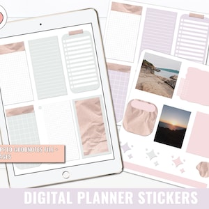 May include: Digital planner stickers featuring a peach, grid paper, a sunset photograph, a beach photograph, and a crumpled paper texture. The stickers are in pink, white, and grey.