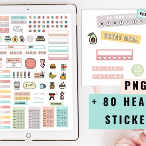 May include: A digital planner with 80 healthy stickers. The stickers are in various colors and feature images of food, exercise, and other healthy lifestyle elements. The text "+ 80 HEALTHY STICKERS" is in large, bold letters on a light blue background.