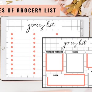 May include: Two different styles of grocery lists on a digital tablet. The first list is a simple list with circles for each item. The second list is organized by category with sections for fruits and vegetables, grains, protein, and condiments.