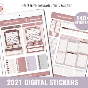 May include: A digital planner sticker set with a pink and brown colour scheme. The set includes a variety of stickers, including a claw machine, a new year's resolution planner, and a weekly planner. The text "140+ STICKERS" is displayed in a purple box.