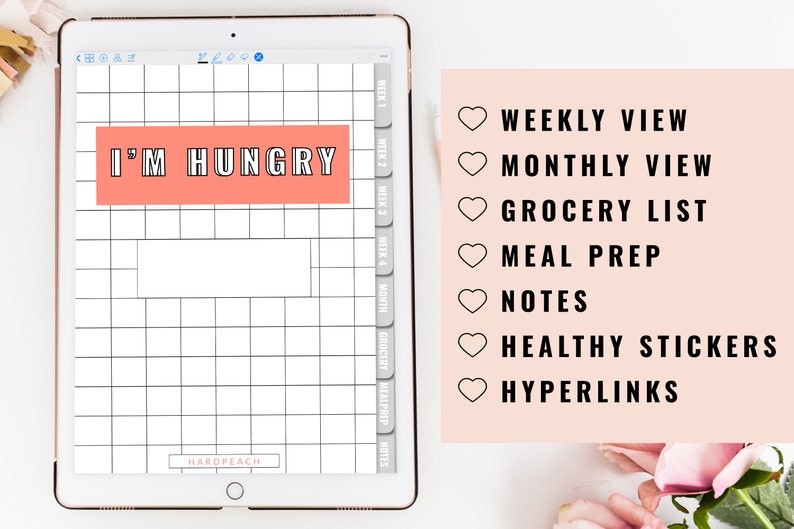 Puede incluir: Un planificador digital en la pantalla de una tableta con un dise&ntilde;o de cuadr&iacute;cula y el texto "I'm Hungry" en un cuadro rosa. El planificador tiene pesta&ntilde;as para la vista semanal, mensual, la lista de la compra, la preparaci&oacute;n de comidas y las notas. La imagen tambi&eacute;n incluye una lista de caracter&iacute;sticas, que incluyen la vista semanal, la vista mensual, la lista de la compra, la preparaci&oacute;n de comidas, las notas, las pegatinas saludables y los hiperv&iacute;nculos.