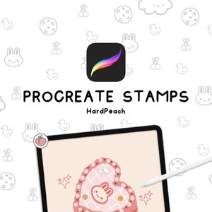 May include: Procreate Stamps by HardPeach, a digital art product for iPad users. The image shows a pink heart-shaped cake with a bunny face on a pink background. The Procreate app icon is in the upper left corner.