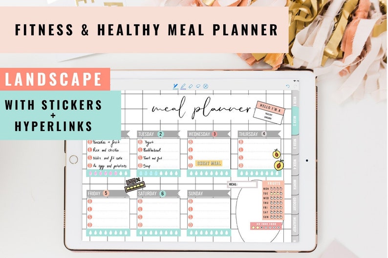 May include: A digital meal planner on a tablet screen with a white background and a grid pattern. The planner has sections for each day of the week, with space for writing in meals. There are also stickers and hyperlinks on the planner.