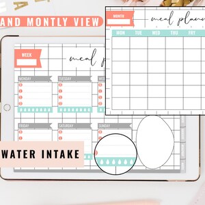May include: A digital planner on a tablet screen with a weekly and monthly meal planner view. The planner includes sections for meal planning, water intake tracking, and meal prep. The planner has a light gray background with pink and blue accents.