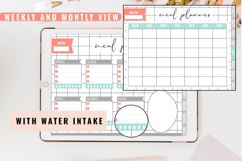May include: A digital planner on a tablet screen with a weekly and monthly meal planner view. The planner includes sections for meal planning, water intake tracking, and meal prep. The planner has a light gray background with pink and blue accents.