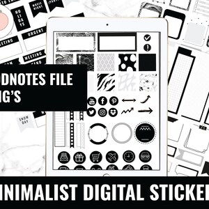 May include: Black and white digital planner stickers for Goodnotes app. The stickers include various shapes, patterns, and icons, such as arrows, social media logos, and a shopping cart.