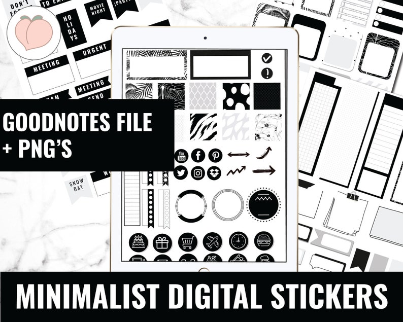 May include: Black and white digital planner stickers for Goodnotes app. The stickers include various shapes, patterns, and icons, such as arrows, social media logos, and a shopping cart.