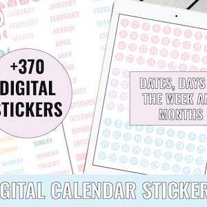 Puede incluir: Un conjunto de pegatinas digitales para planificador con más de 370 pegatinas. Las pegatinas incluyen fechas, días de la semana y meses. Las pegatinas son de color rosa, azul y blanco.