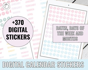May include: A digital planner sticker set with over 370 stickers. The stickers include dates, days of the week, and months. The stickers are in pink, blue, and white.