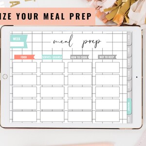 May include: A digital planner on a tablet screen with a grid layout for meal prepping. The planner has sections for the week, food, servings, grams, how to cook, and way to keep. The planner is labeled "meal prep" in cursive.